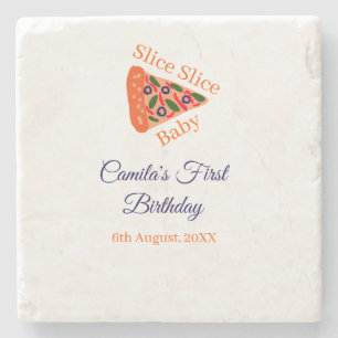 Slice Slice baby pizza brown blue 1st birthday  Stone Coaster