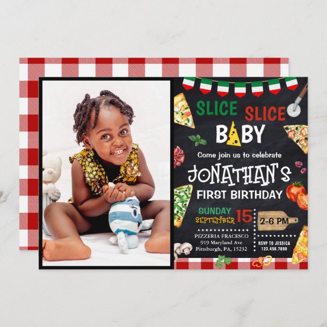 Slice Slice Baby Pizza Party 1st Birthday Invitation (Front/Back)
