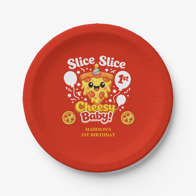 Slice Slice Cheesy Baby Pizza 1st Birthday Paper Plate (Front)