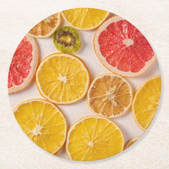 Sliced Oranges Grapefruit and Kiwi Pattern Fruit Round Paper Coaster (Front)