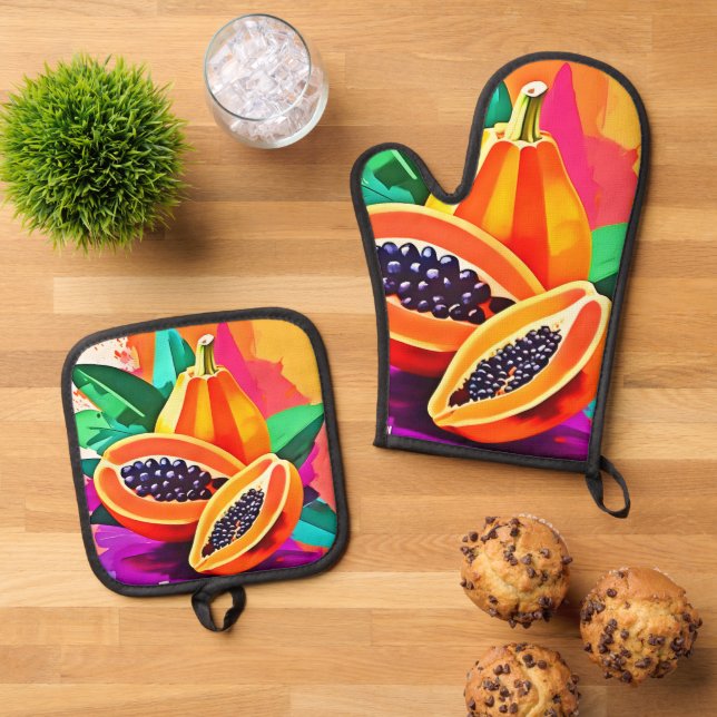 Sliced Papaya Pop Art Oven Mitt & Pot Holder Set (Top Down)