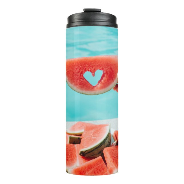 Sliced watermelon on white paper thermal tumbler (Front)