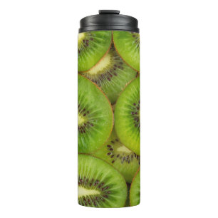 Slices of fresh and ripe kiwi fruit in rowsbrown,c thermal tumbler