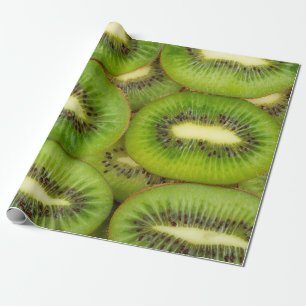 Slices of fresh and ripe kiwi fruit in rowsbrown,c wrapping paper