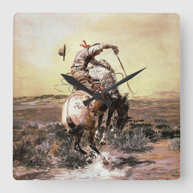 “Slick Rider” Western Art by Charles M Russell Square Wall Clock (Front)