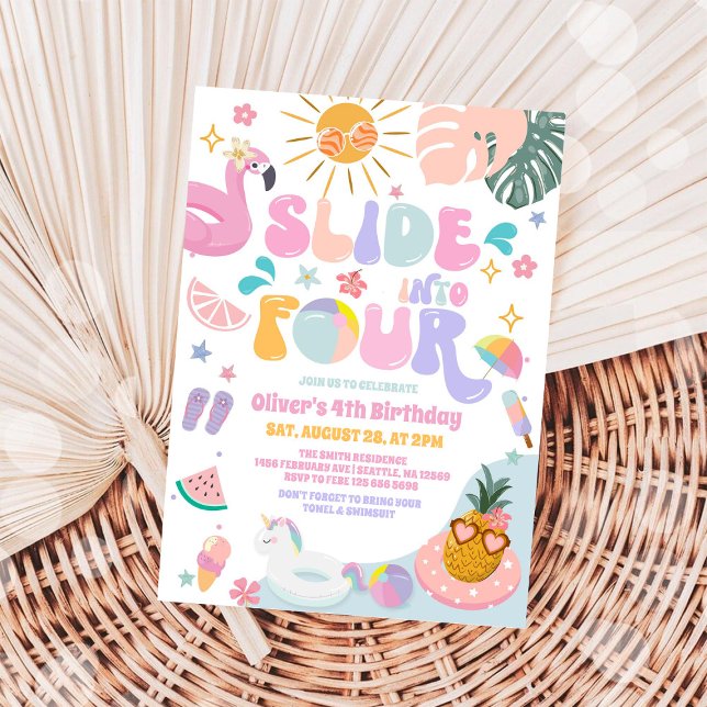 Slide Into Four Pool Party Summer 4th Birthday Invitation (Creator Uploaded)