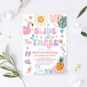 Slide Into Three Pool Party Summer 3rd Birthday Invitation