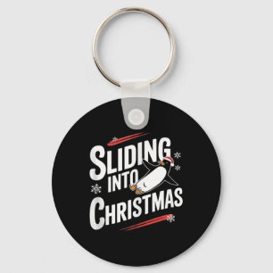Sliding Into Christmas - Funny Penguin Christmas  Keychain