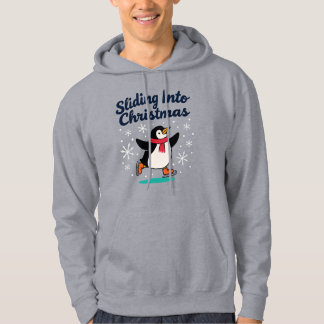 Sliding Into Christmas, Ice Skating Xmas Penguin Hoodie