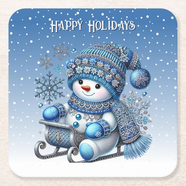Sliding Snowman Christmas Holiday Paper Coaster (Front)