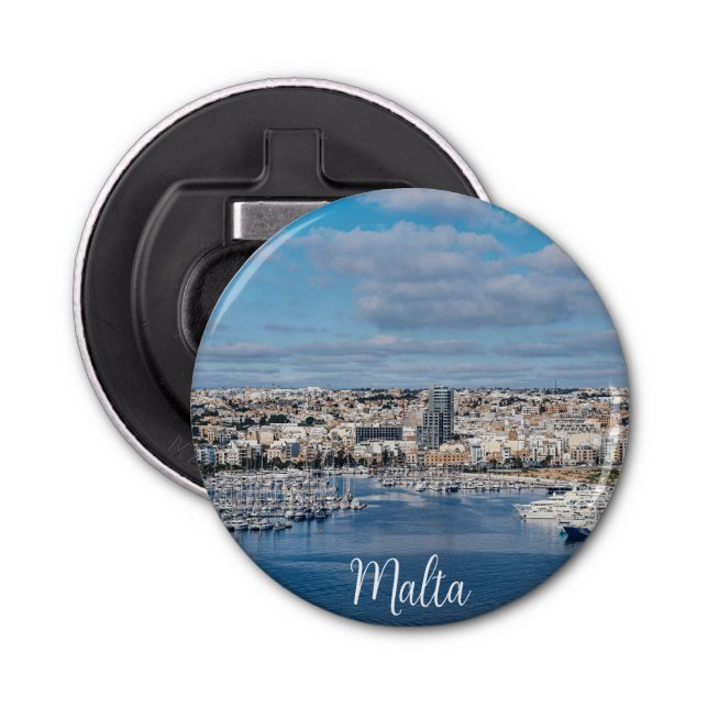 Sliema harbor with modern buildings and boats bottle opener (Front)