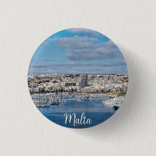 Sliema harbour with modern buildings and boats 1 inch round button