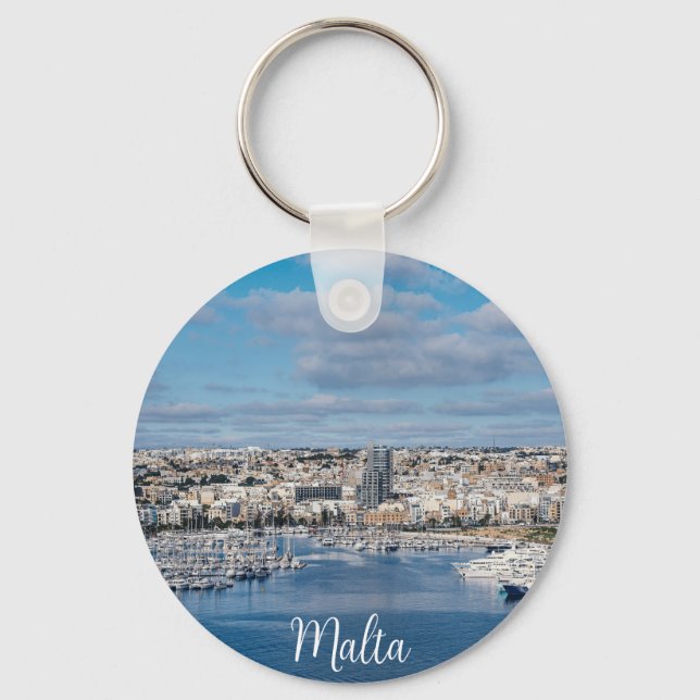 Sliema harbour with modern buildings and boats keychain (Front)