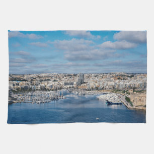 Sliema harbour with modern buildings and boats kitchen towel