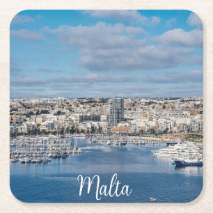 Sliema harbour with modern buildings and boats square paper coaster