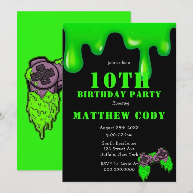 Slime and Games Boy 10th Birthday Party Invites (Front/Back)