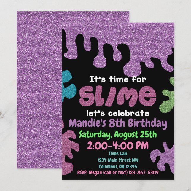 Slime birthday party invitation; slime lab; girls invitation (Front/Back)