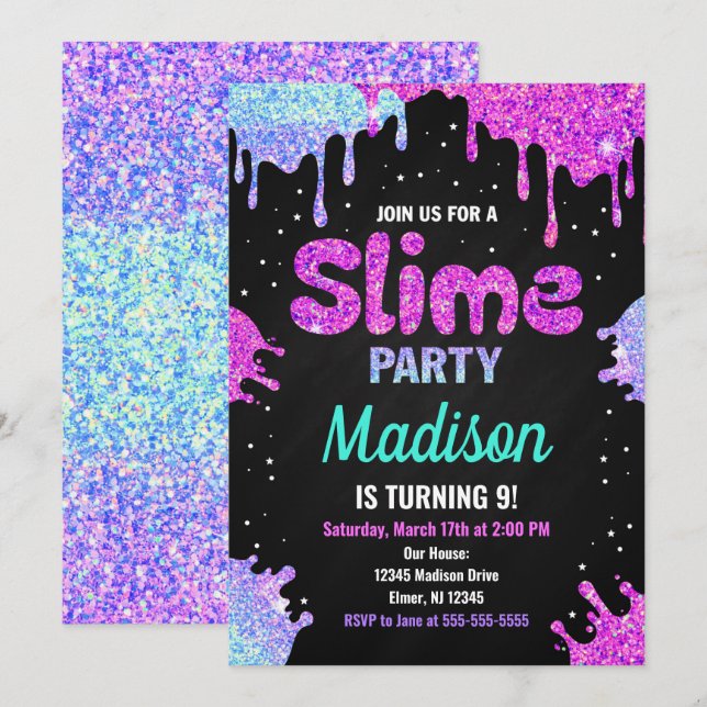 Slime Party Anniversday Invitation Parties scintil (Devant / Derrière)