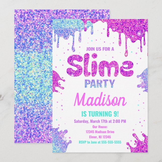 Slime Party Birthday Invitation Glitter (Front/Back)