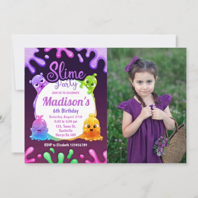 Slime Party Girl Birthday Colourful Toy Photo Invitation (Front)