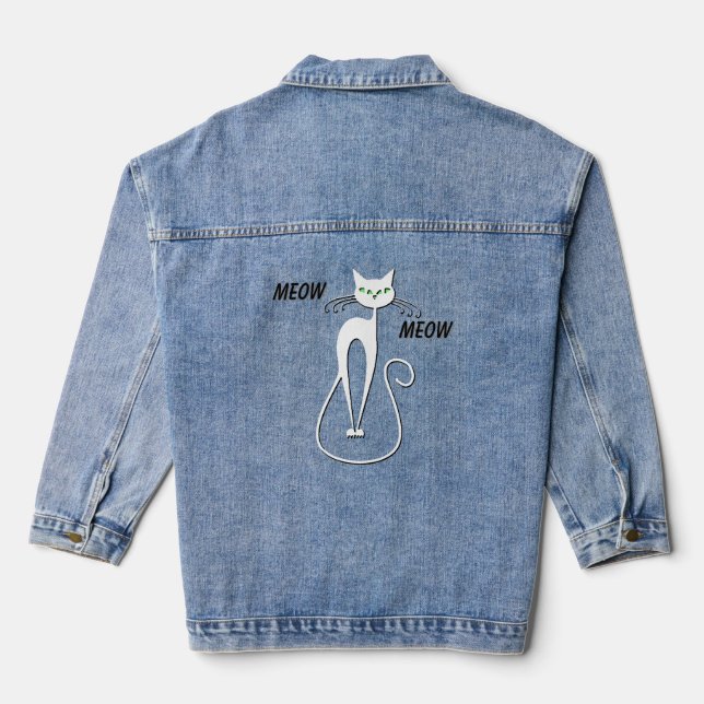 Slinky Black Cat Meow Meow Green Eyes Denim Jacket (Back)