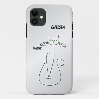 Slinky Black Cat Meow Meow Green Eyes on silver iPhone 11 Case