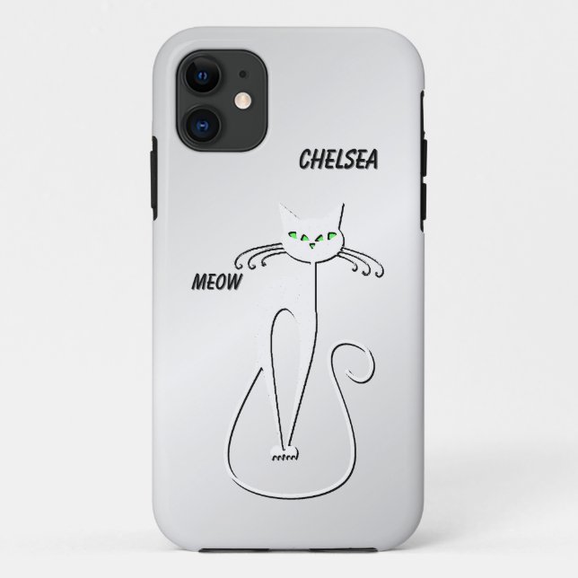 Slinky Black Cat Meow Meow Green Eyes on silver Case-Mate iPhone Case (Back)