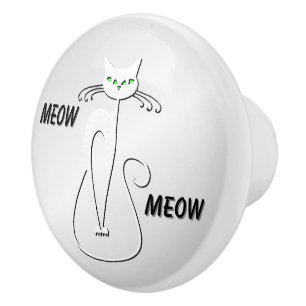 Slinky Black Cat Meow Meow Green Eyes on silver Ceramic Knob