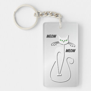Slinky Black Cat Meow Meow Green Eyes on Silver Keychain
