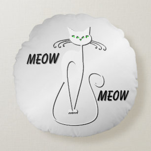 Slinky Black Cat Meow Meow Green Eyes on silver Round Pillow