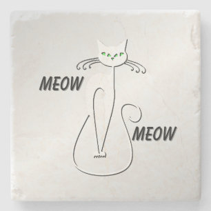 Slinky Black Cat Meow Meow Green Eyes on silver Stone Coaster