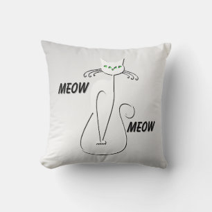 Slinky Black Cat Meow Meow Green Eyes on silver Throw Pillow