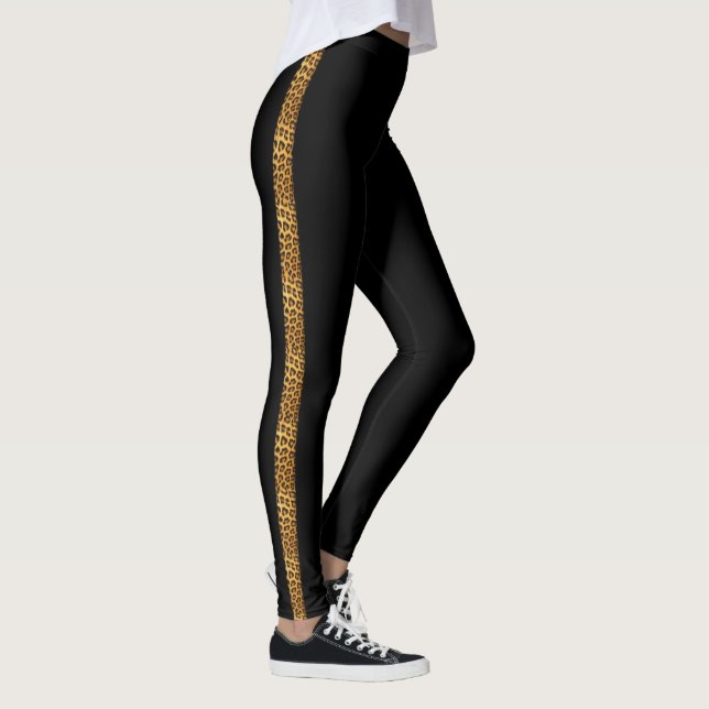 Slinky Leopard Fur Trendy Side Stripe on Black Leggings (Right)