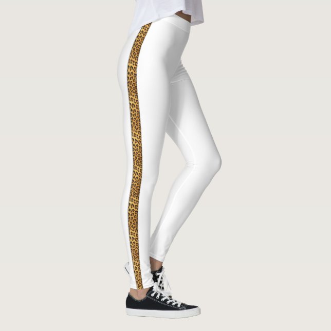Slinky Leopard Fur Trendy Side Stripe on White Leggings (Right)