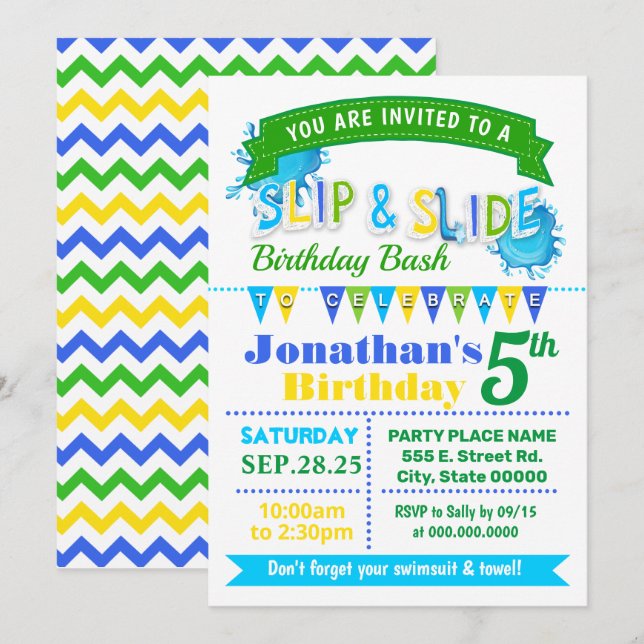 Slip and slide birthday bash blue green party invitation (Front/Back)
