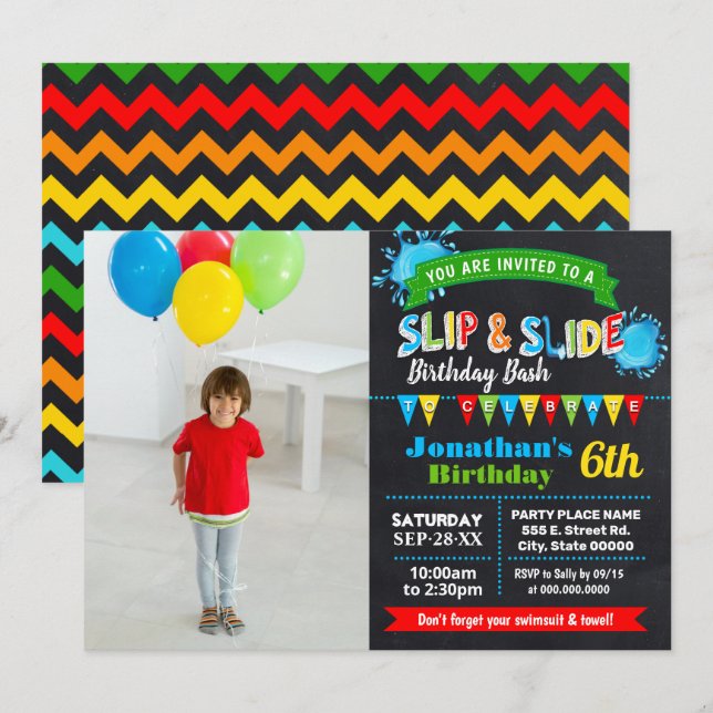 Slip and slide birthday bash chalkboard photo invitation (Front/Back)