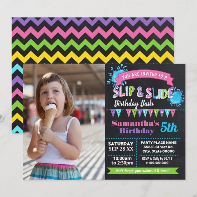 Slip and slide birthday bash pink Chalkboard photo Invitation (Front/Back)