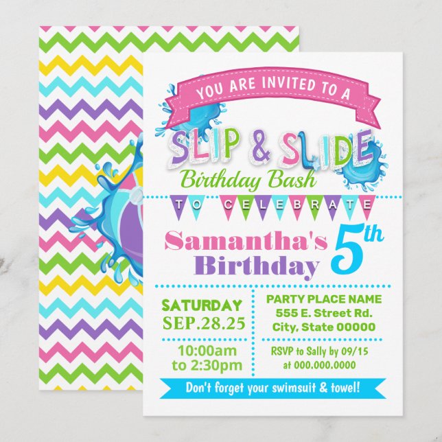Slip and slide birthday bash pink teal green party invitation (Front/Back)