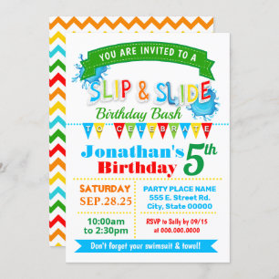 Slip and slide birthday bash primary colours party invitation