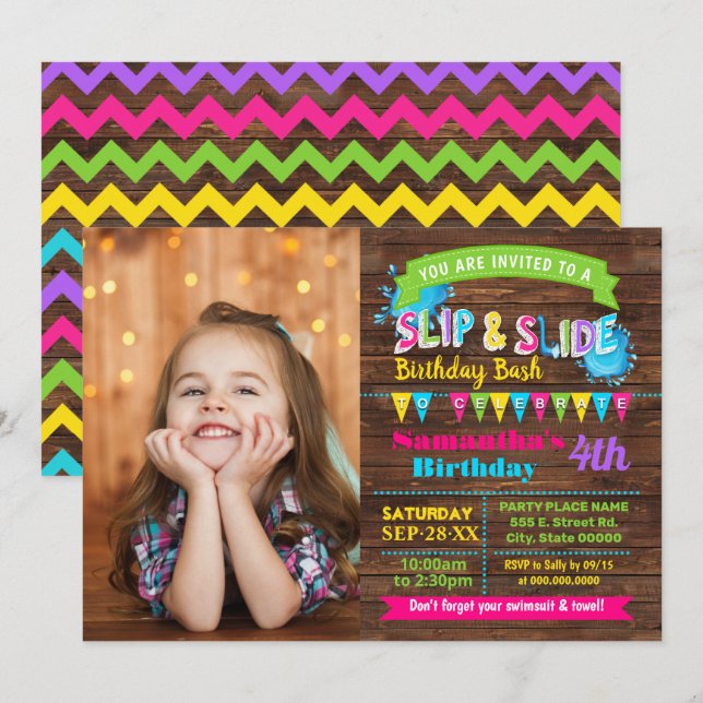 Slip and Slide Hot Pink birthday summer bash photo Invitation (Front/Back)