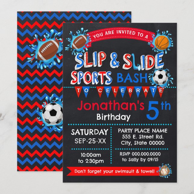 Slip and Slide Sports Birthday Bash Red White Blue Invitation (Front/Back)
