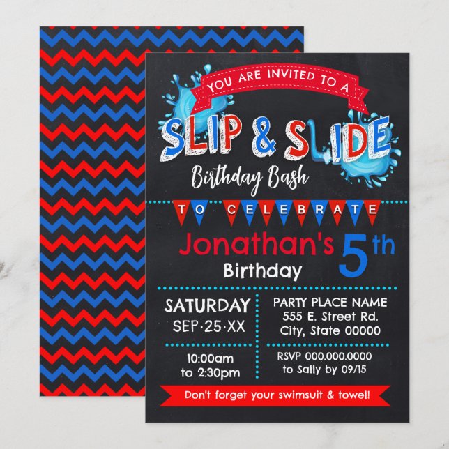 Slip and Slide Summer Birthday Bash Red White Blue Invitation (Front/Back)