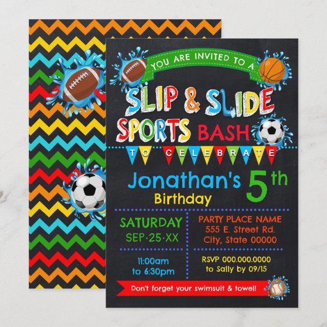 Slip & Slide Sports Birthday Bash Primary Colours Invitation (Front/Back)