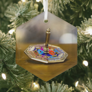 SlipperyJoe Hanukkah dreidel gift octagonal base b Glass Ornament
