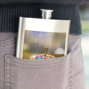 SlipperyJoe Hanukkah dreidel gift octagonal base b Hip Flask
