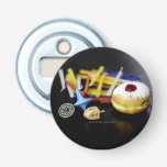 SlipperyJoe Hanukkah symbolic still life holiday e Bottle Opener<br><div class="desc">SlipperyJoe Hanukkah symbolic still life holiday essence vibrant meaningful objects colourful slender pile menorah candles artistic red blue yellow and white sufganiyah doughnut classic jelly-filled commemorate miracle of the oil dreidels metallic gold glossy blue Hebrew great miracle happened there metallic pewter star of David medallion light resilience community themes spiritual...</div>