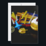 SlipperyJoe Hanukkah symbolic still life holiday e Card<br><div class="desc">SlipperyJoe Hanukkah symbolic still life holiday essence vibrant meaningful objects colourful slender pile menorah candles artistic red blue yellow and white sufganiyah doughnut classic jelly-filled commemorate miracle of the oil dreidels metallic gold glossy blue Hebrew great miracle happened there metallic pewter star of David medallion light resilience community themes spiritual...</div>