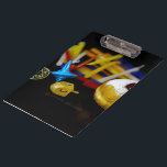 SlipperyJoe Hanukkah symbolic still life holiday e Clipboard<br><div class="desc">SlipperyJoe Hanukkah symbolic still life holiday essence vibrant meaningful objects colourful slender pile menorah candles artistic red blue yellow and white sufganiyah doughnut classic jelly-filled commemorate miracle of the oil dreidels metallic gold glossy blue Hebrew great miracle happened there metallic pewter star of David medallion light resilience community themes spiritual...</div>