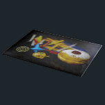 SlipperyJoe Hanukkah symbolic still life holiday e Cutting Board<br><div class="desc">SlipperyJoe Hanukkah symbolic still life holiday essence vibrant meaningful objects colourful slender pile menorah candles artistic red blue yellow and white sufganiyah doughnut classic jelly-filled commemorate miracle of the oil dreidels metallic gold glossy blue Hebrew great miracle happened there metallic pewter star of David medallion light resilience community themes spiritual...</div>