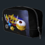 SlipperyJoe Hanukkah symbolic still life holiday e Dopp Kit<br><div class="desc">SlipperyJoe Hanukkah symbolic still life holiday essence vibrant meaningful objects colorful slender pile menorah candles artistic red blue yellow and white sufganiyah doughnut classic jelly-filled commemorate miracle of the oil dreidels metallic gold glossy blue Hebrew great miracle happened there metallic pewter star of David medallion light resilience community themes spiritual...</div>